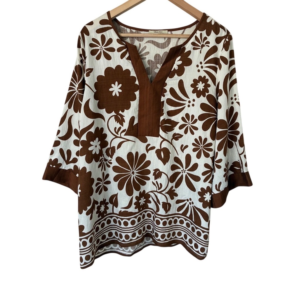 Bebonnie Womens Floral Tunic Blouse Brown White V-Neck Top Large tropical boho